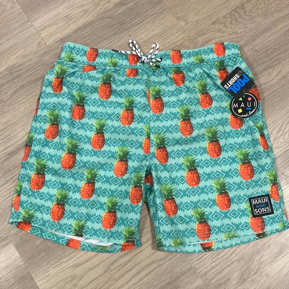 Maui and Sons Teal and Orange Pineapple Swim Trunks